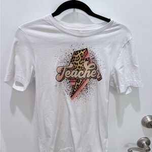 White Graphic Tee with Leopard Print 'Teacher' Design